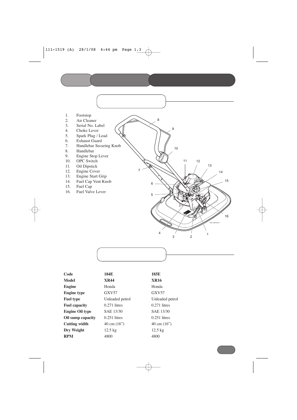 Main, Main features specifications features, Specifications | Hayter Mowers Hovertrim 185E XR16 User Manual | Page 3 / 28