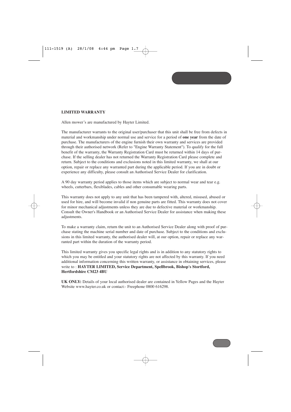 Warranty | Hayter Mowers Hovertrim 185E XR16 User Manual | Page 7 / 28