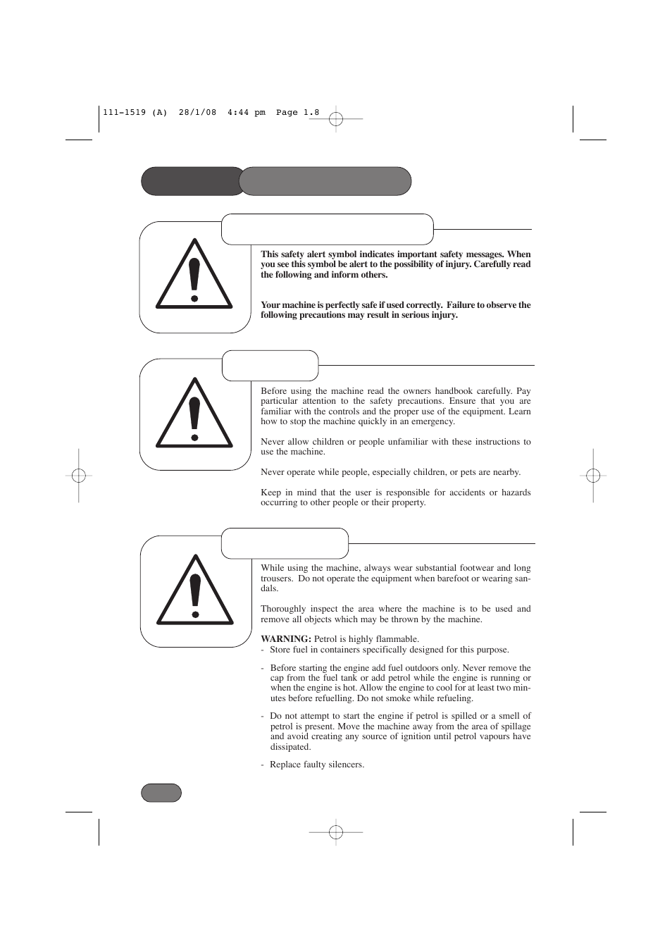 Safety precautions, Safety alert symbol preparation training | Hayter Mowers Hovertrim 185E XR16 User Manual | Page 8 / 28