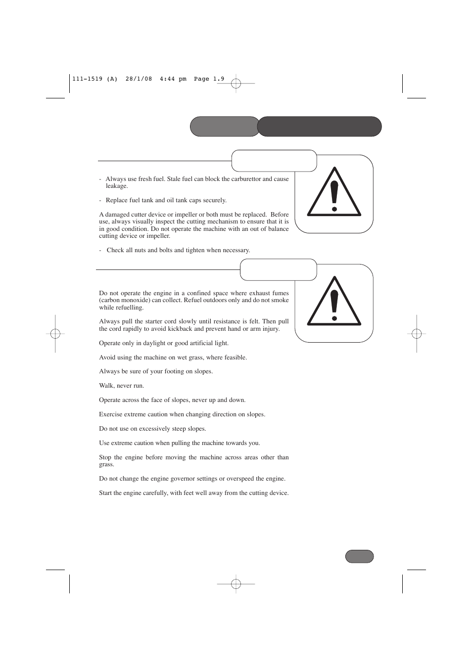 Safety, Operation preparation precautions | Hayter Mowers Hovertrim 185E XR16 User Manual | Page 9 / 28