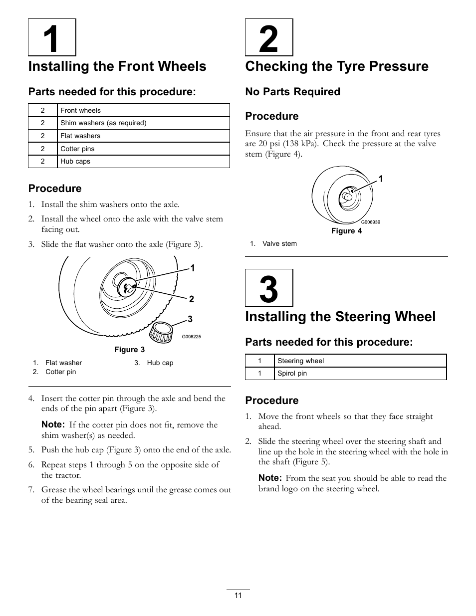 Installing the front wheels, Checking the tyre pressure, Installing the steering wheel | Hayter Mowers RT380H User Manual | Page 11 / 52