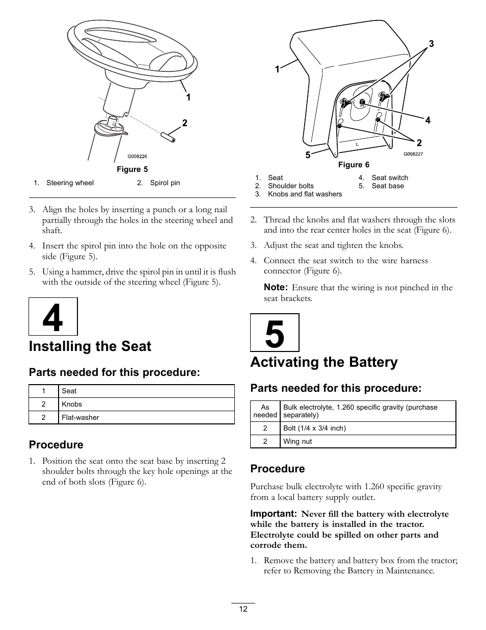 4 installing the seat 5 activating the battery, Figure 5, Installing the seat | Activating the battery | Hayter Mowers RT380H User Manual | Page 12 / 52