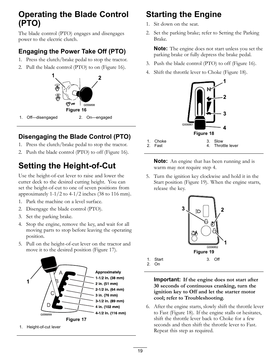 Operating the blade control (pto), Setting the height-of-cut, Starting the engine | Engaging the power take off (pto), Disengaging the blade control (pto) | Hayter Mowers RT380H User Manual | Page 19 / 52
