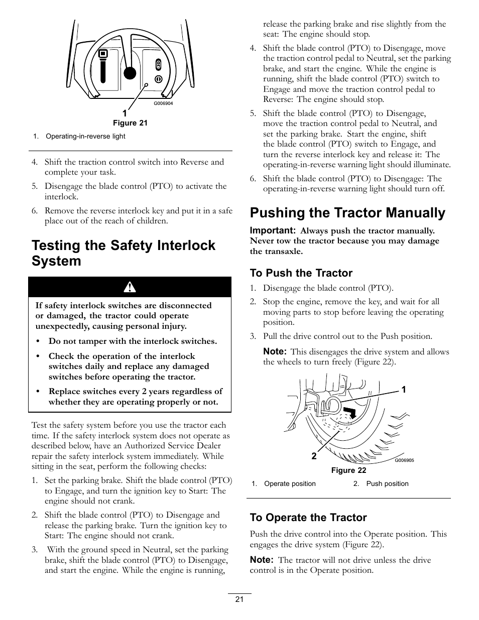 Figure 21), Testing the safety interlock system, Pushing the tractor manually | Hayter Mowers RT380H User Manual | Page 21 / 52