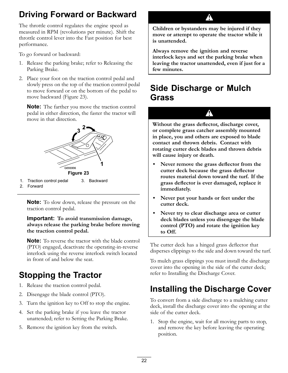 Driving forward or backward, Stopping the tractor, Side discharge or mulch grass | Installing the discharge cover | Hayter Mowers RT380H User Manual | Page 22 / 52