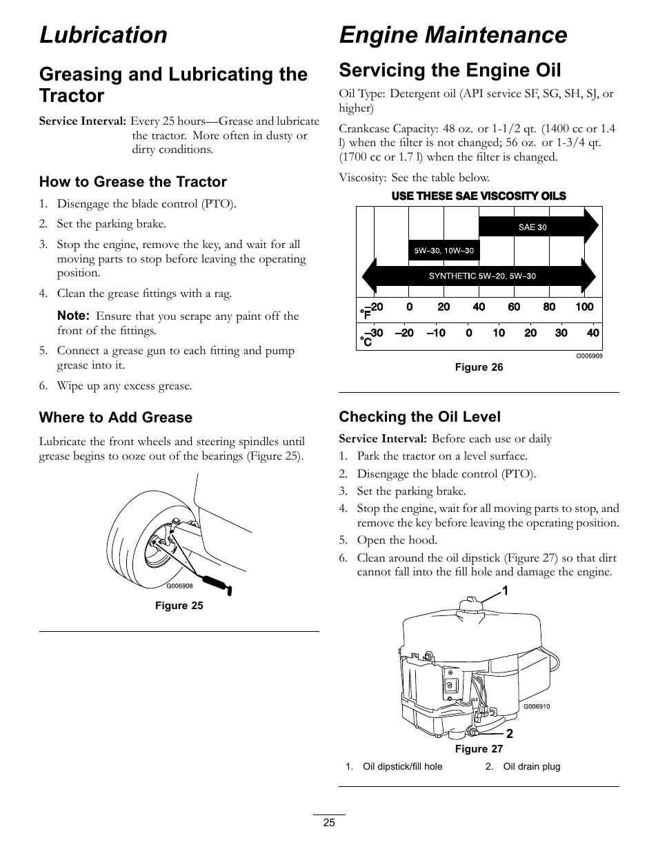 Lubrication, Greasing and lubricating the tractor, Engine maintenance | Servicing the engine oil | Hayter Mowers RT380H User Manual | Page 25 / 52