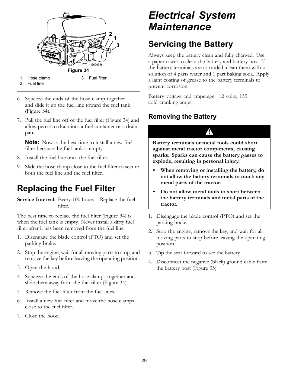 Replacing the fuel filter, Electrical system maintenance, Servicing the battery | Figure 34 | Hayter Mowers RT380H User Manual | Page 29 / 52
