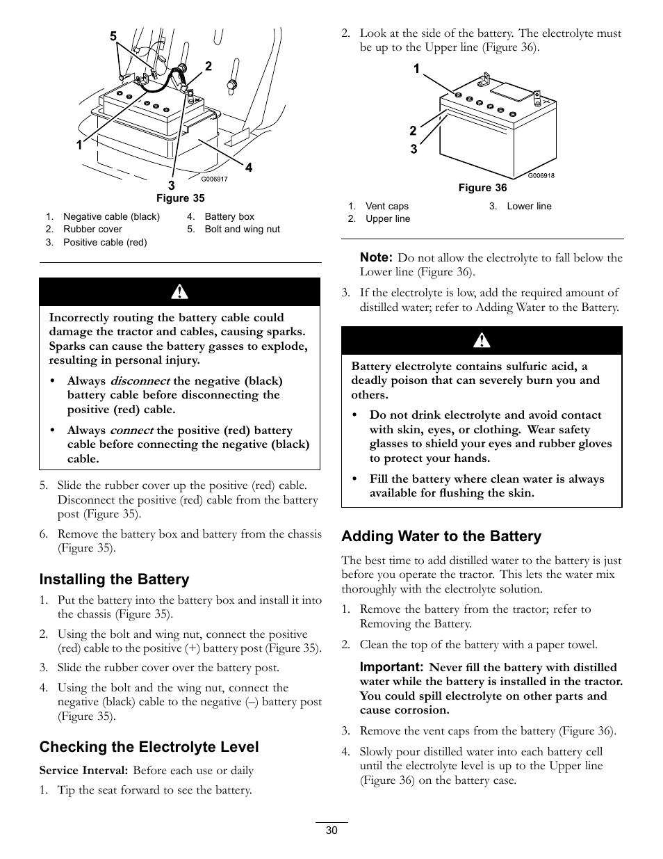Figure 35), Installing the battery, Checking the electrolyte level | Adding water to the battery | Hayter Mowers RT380H User Manual | Page 30 / 52