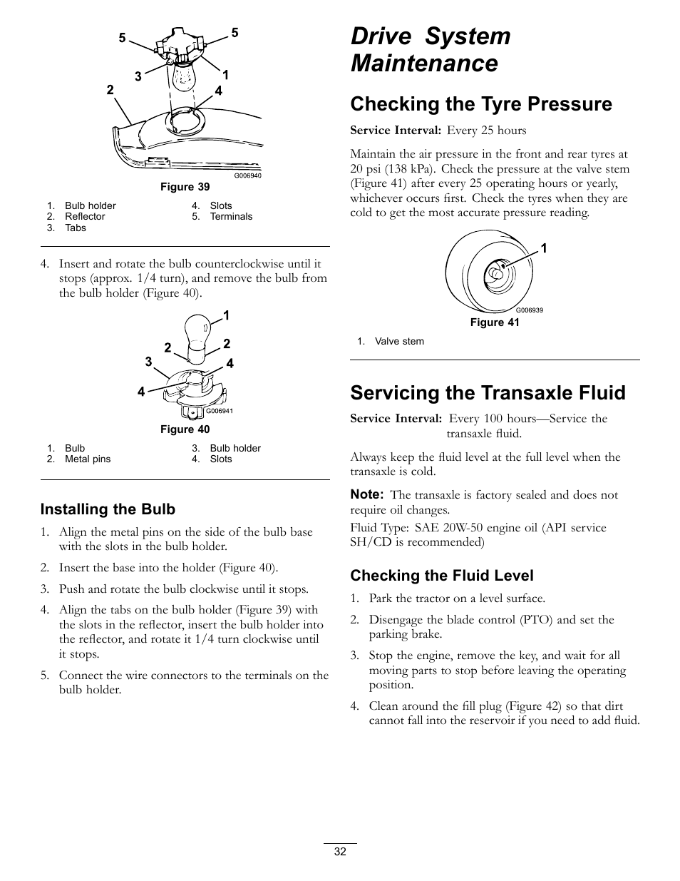 Drive system maintenance, Figure 39, Checking the tyre pressure | Servicing the transaxle fluid, Installing the bulb, Checking the fluid level | Hayter Mowers RT380H User Manual | Page 32 / 52