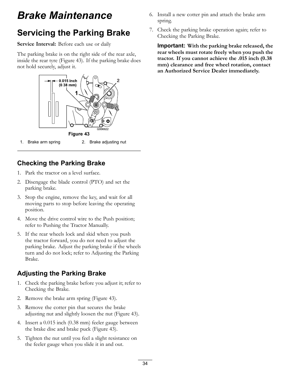Brake maintenance, Servicing the parking brake | Hayter Mowers RT380H User Manual | Page 34 / 52