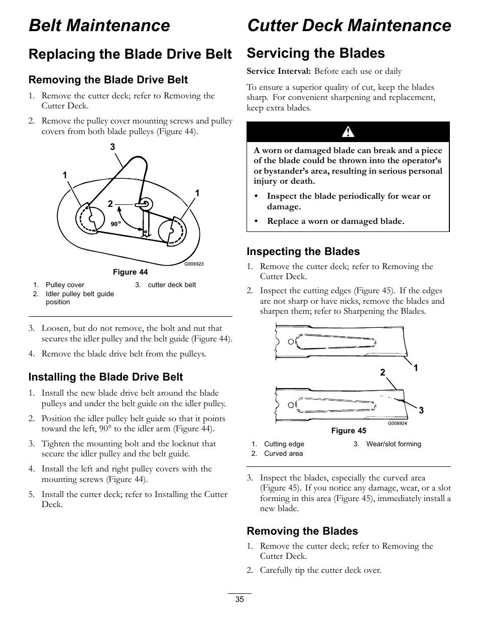 Belt maintenance, Replacing the blade drive belt, Cutter deck maintenance | Servicing the blades | Hayter Mowers RT380H User Manual | Page 35 / 52