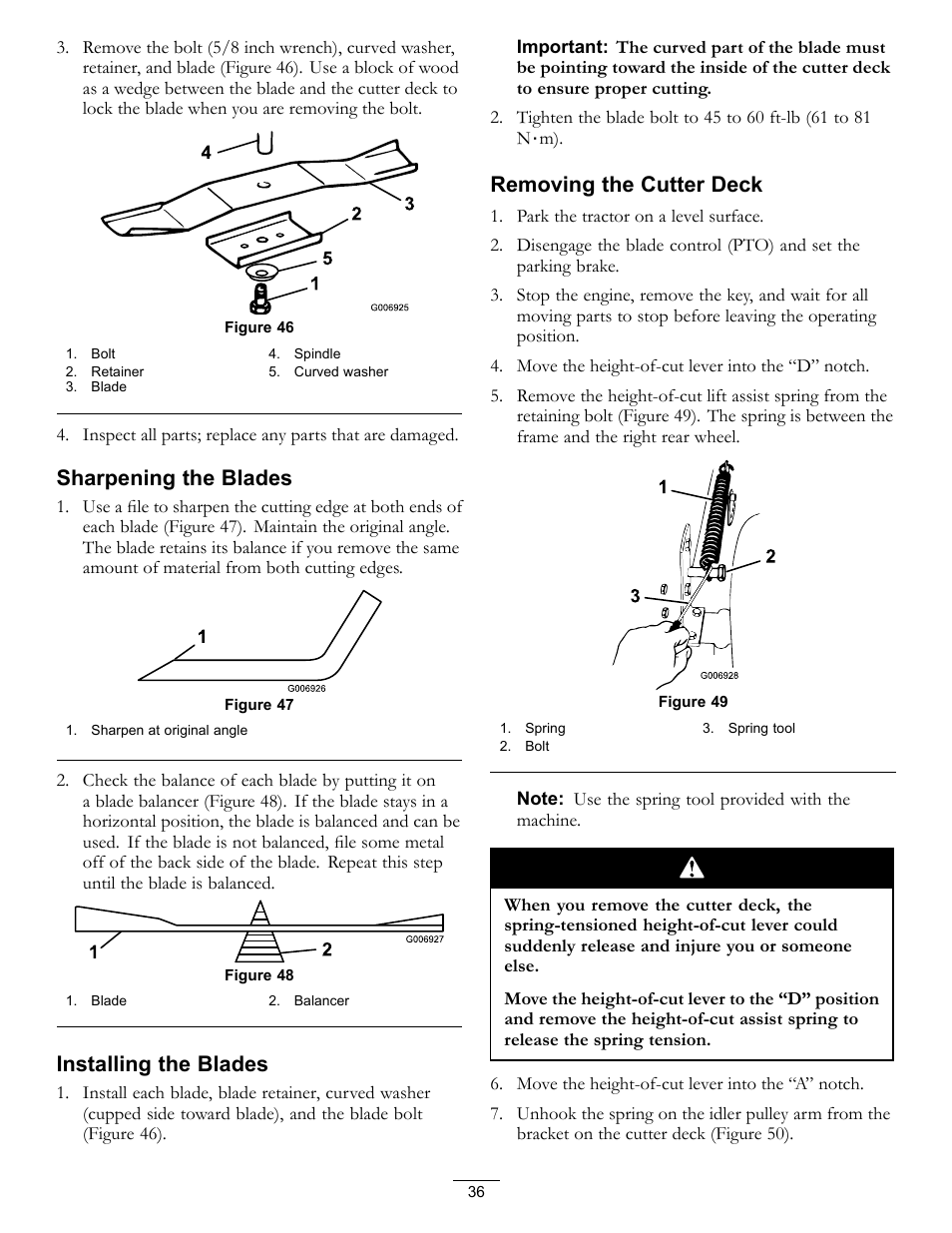 Sharpening the blades, Installing the blades, Removing the cutter deck | Hayter Mowers RT380H User Manual | Page 36 / 52