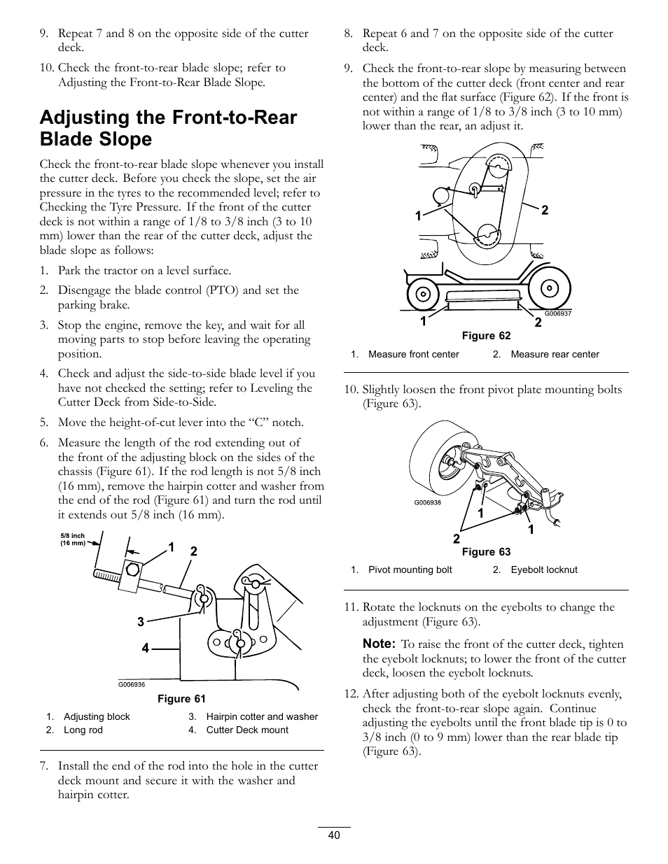 Adjusting the front-to-rear blade slope | Hayter Mowers RT380H User Manual | Page 40 / 52