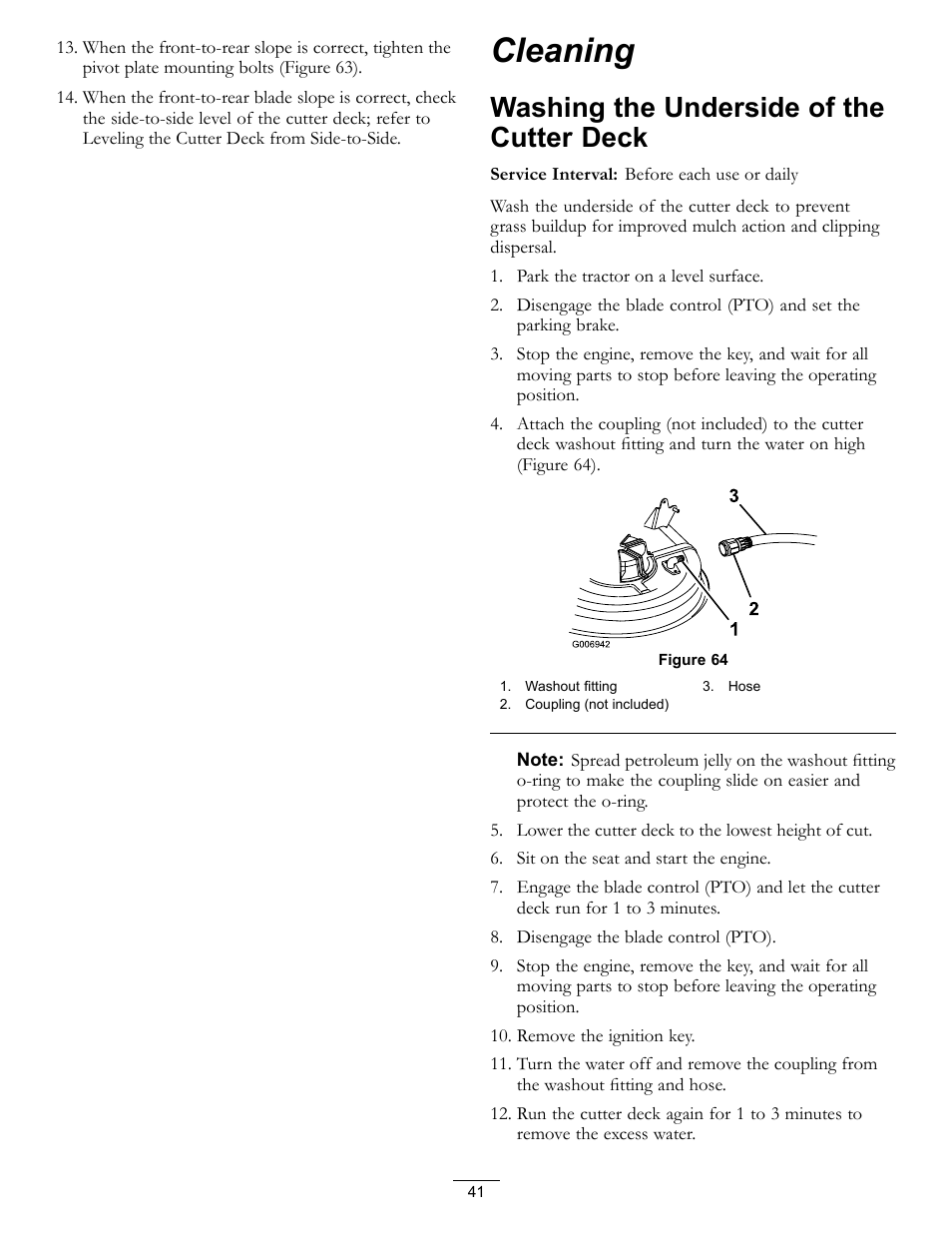 Cleaning, Washing the underside of the cutter, Deck | Washing the underside of the cutter deck | Hayter Mowers RT380H User Manual | Page 41 / 52