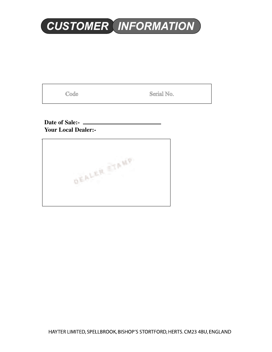Cus tomer info rmation | Hayter Mowers RT380H User Manual | Page 52 / 52