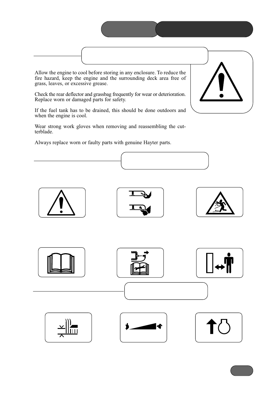 Maintenance & storage safety precautions, Safety symbols, Decal symbols | Hayter Mowers Double 3 533A User Manual | Page 9 / 33