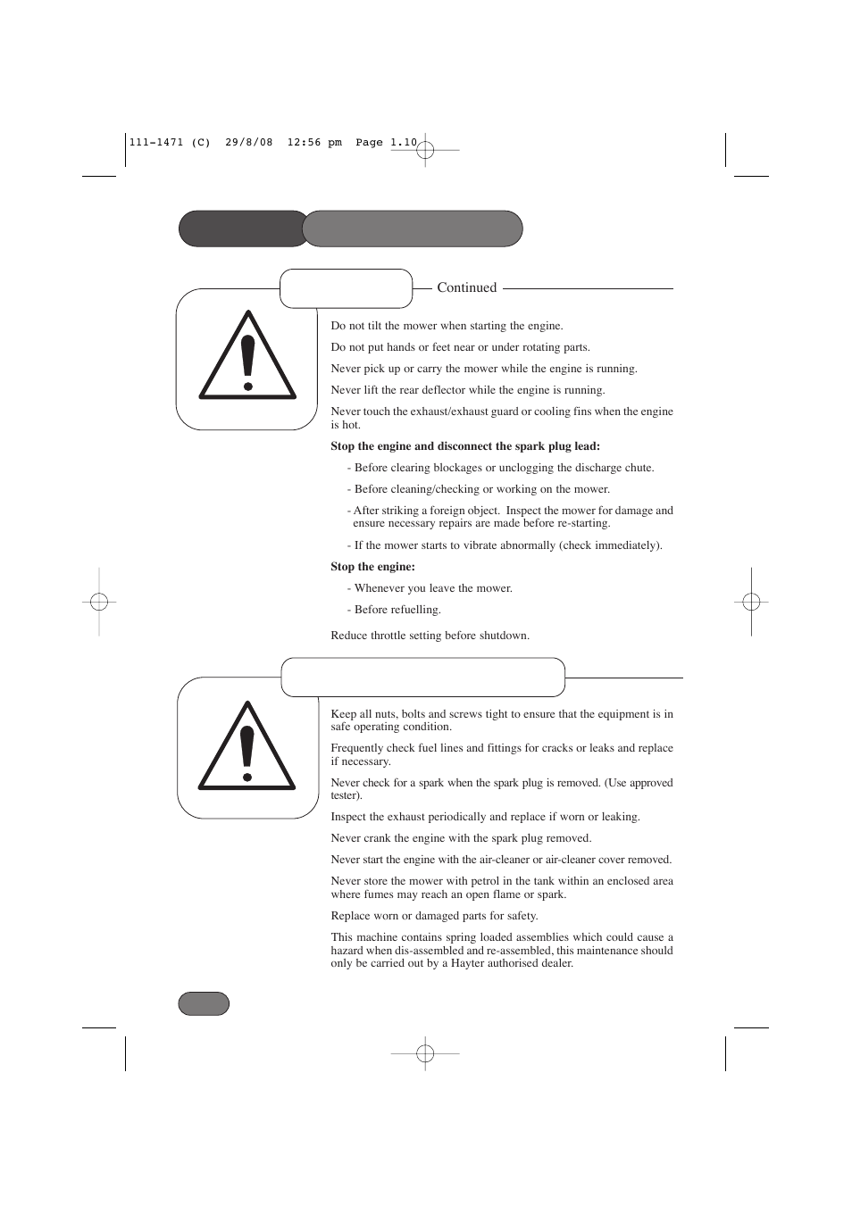 Safety precautions operation maintenance & storage | Hayter Mowers Harrier 56 561F User Manual | Page 10 / 44