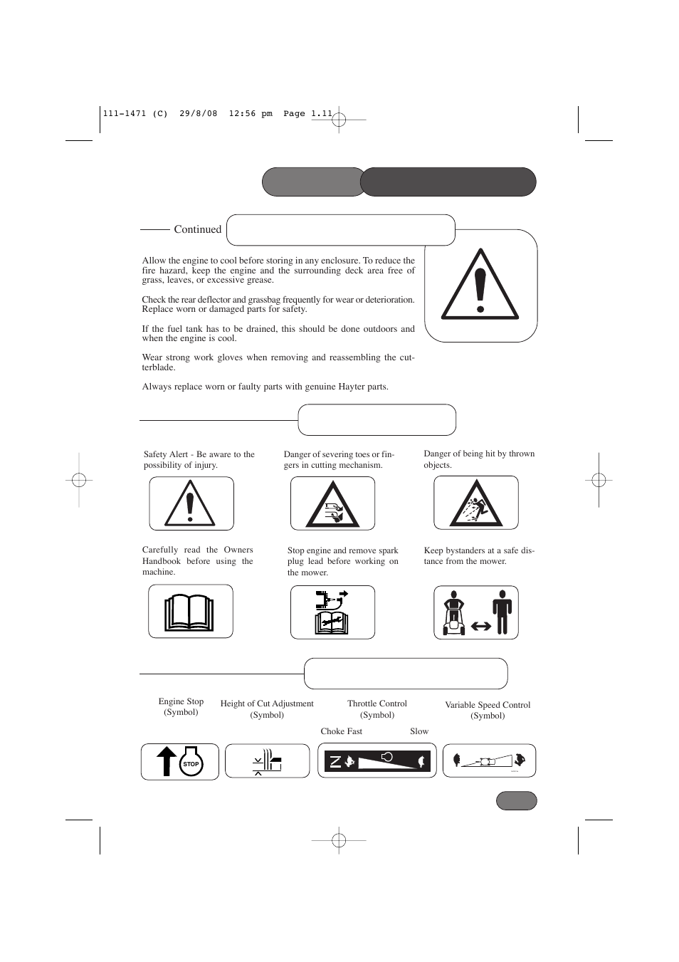 Safety precautions, Maintenance & storage safety symbols, Information symbols | Hayter Mowers Harrier 56 561F User Manual | Page 11 / 44