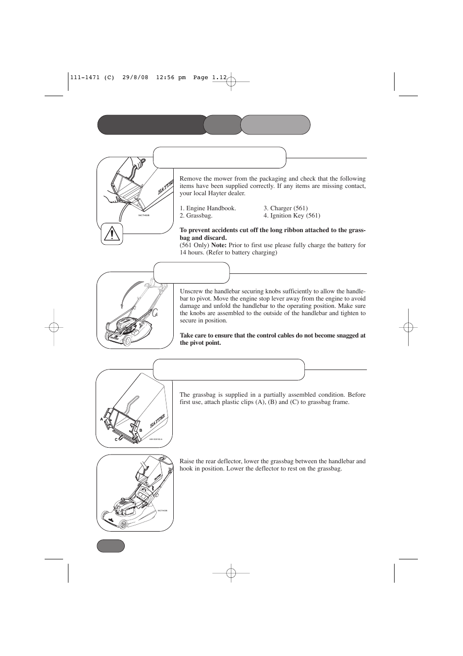 Assembling the mower, Handlebar delivery checklist grassbag attachment | Hayter Mowers Harrier 56 561F User Manual | Page 12 / 44