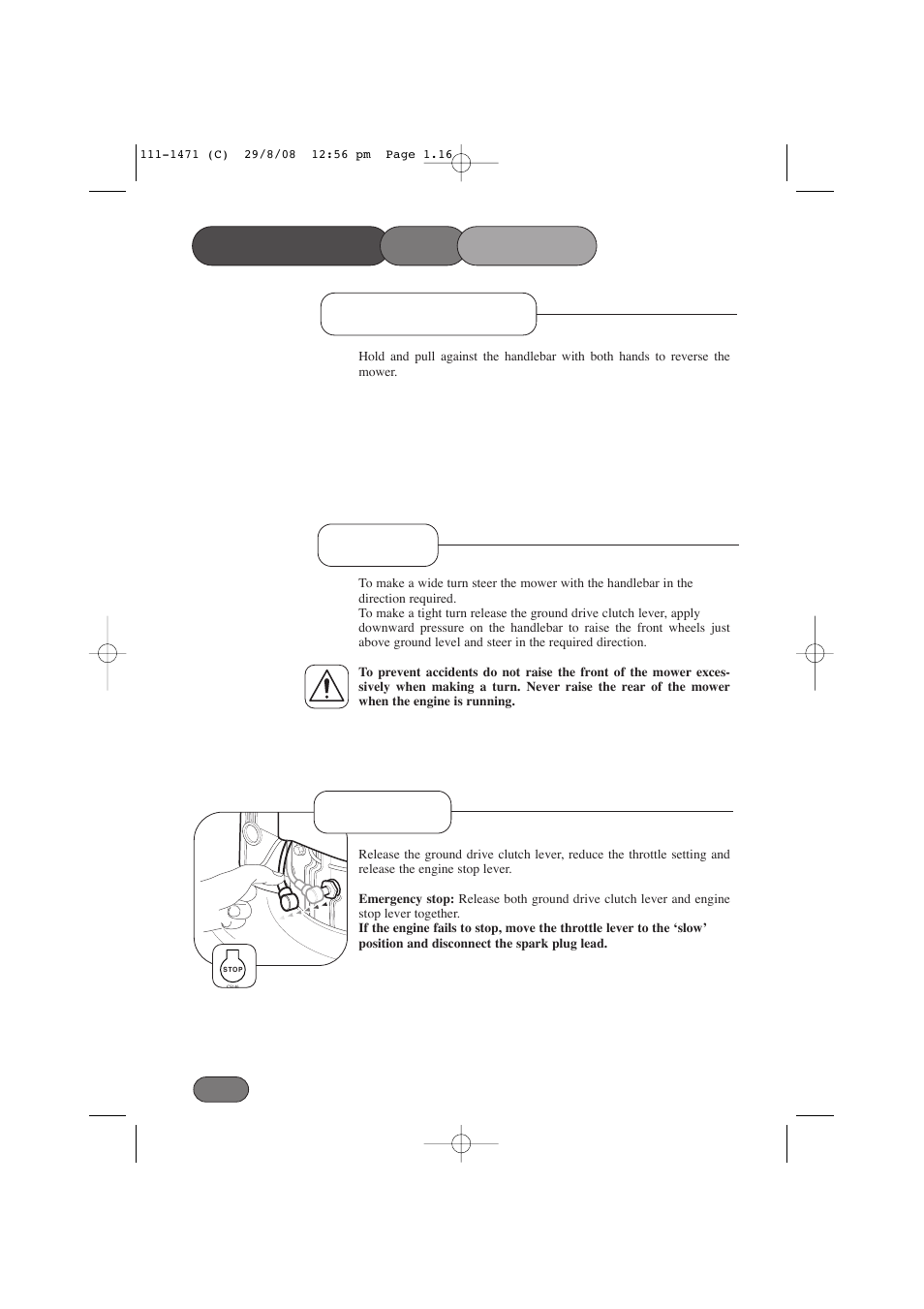 Operating the mower turning stopping, Reverse travel | Hayter Mowers Harrier 56 561F User Manual | Page 16 / 44