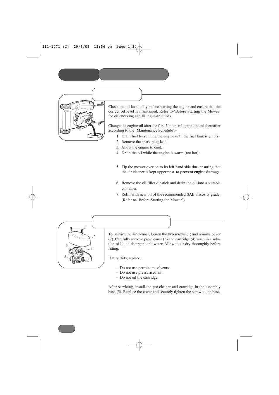 Mower, Oil service air cleaner service maintenance | Hayter Mowers Harrier 56 561F User Manual | Page 24 / 44