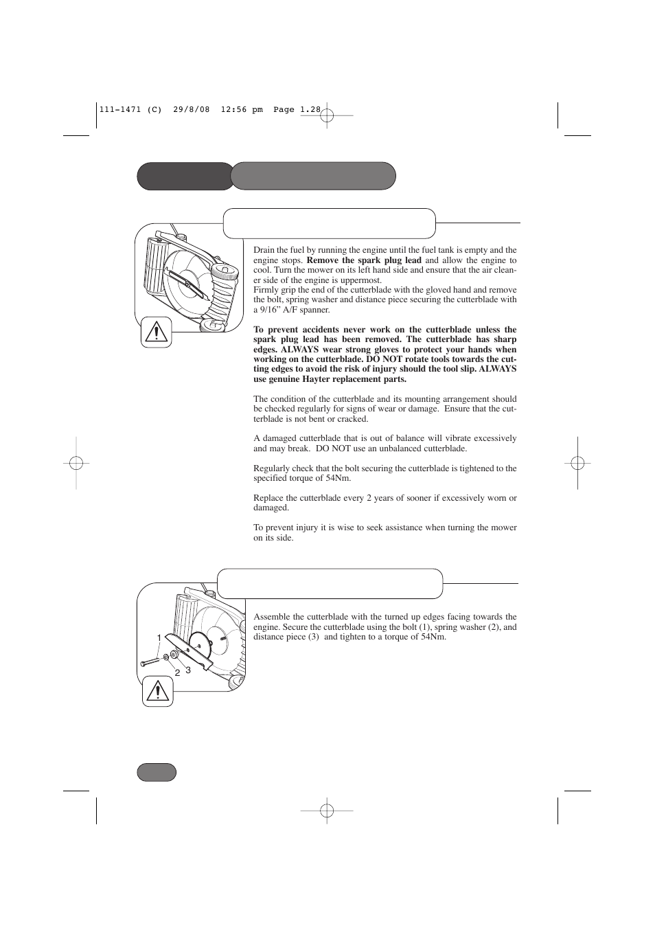 Mower maintenance, Cutterblade assembly cutterblade removal | Hayter Mowers Harrier 56 561F User Manual | Page 28 / 44