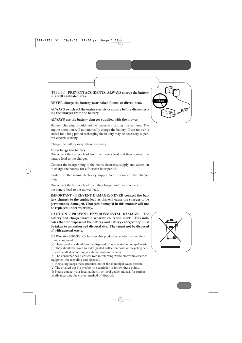 Battery charging mower maintenance | Hayter Mowers Harrier 56 561F User Manual | Page 31 / 44