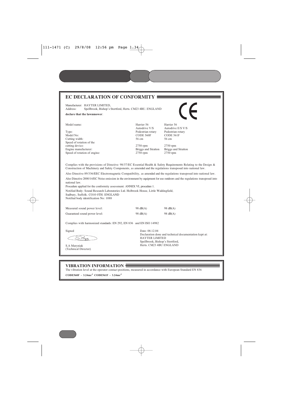 Of declaration, Conformity, Ec declaration of conformity | Hayter Mowers Harrier 56 561F User Manual | Page 34 / 44