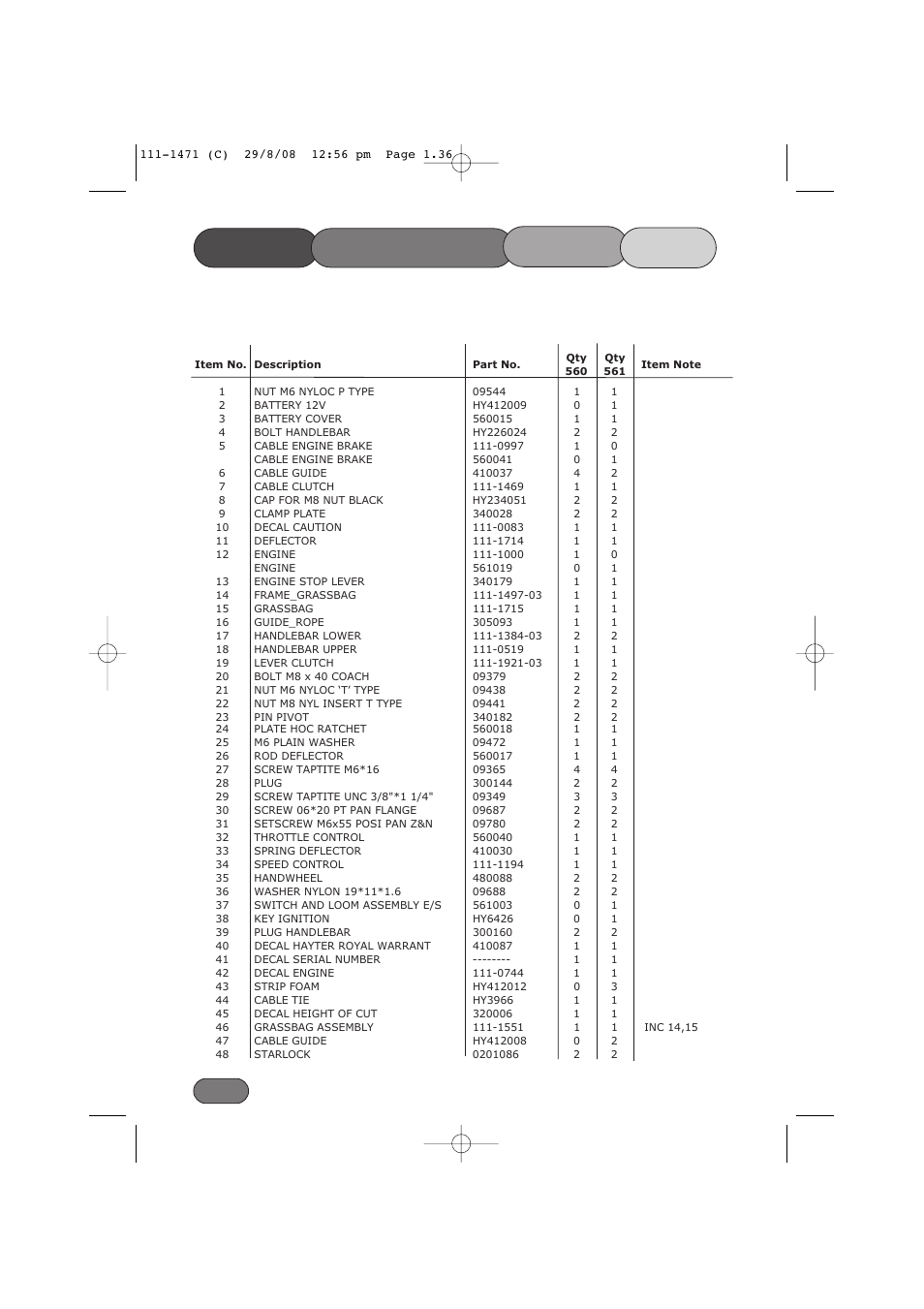 Upper mainframe parts list | Hayter Mowers Harrier 56 561F User Manual | Page 36 / 44