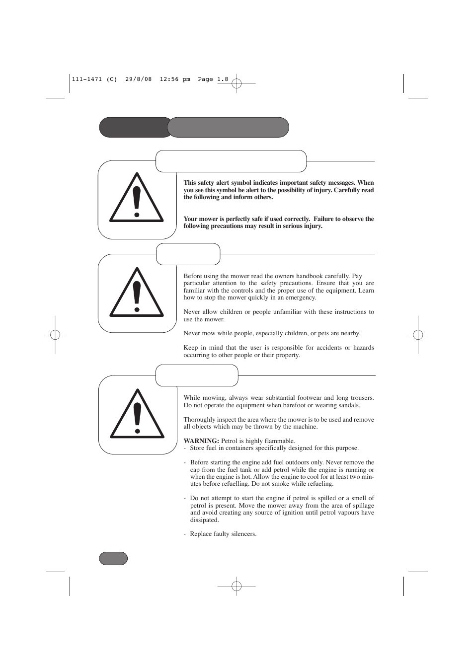 Safety precautions, Safety alert symbol preparation training | Hayter Mowers Harrier 56 561F User Manual | Page 8 / 44