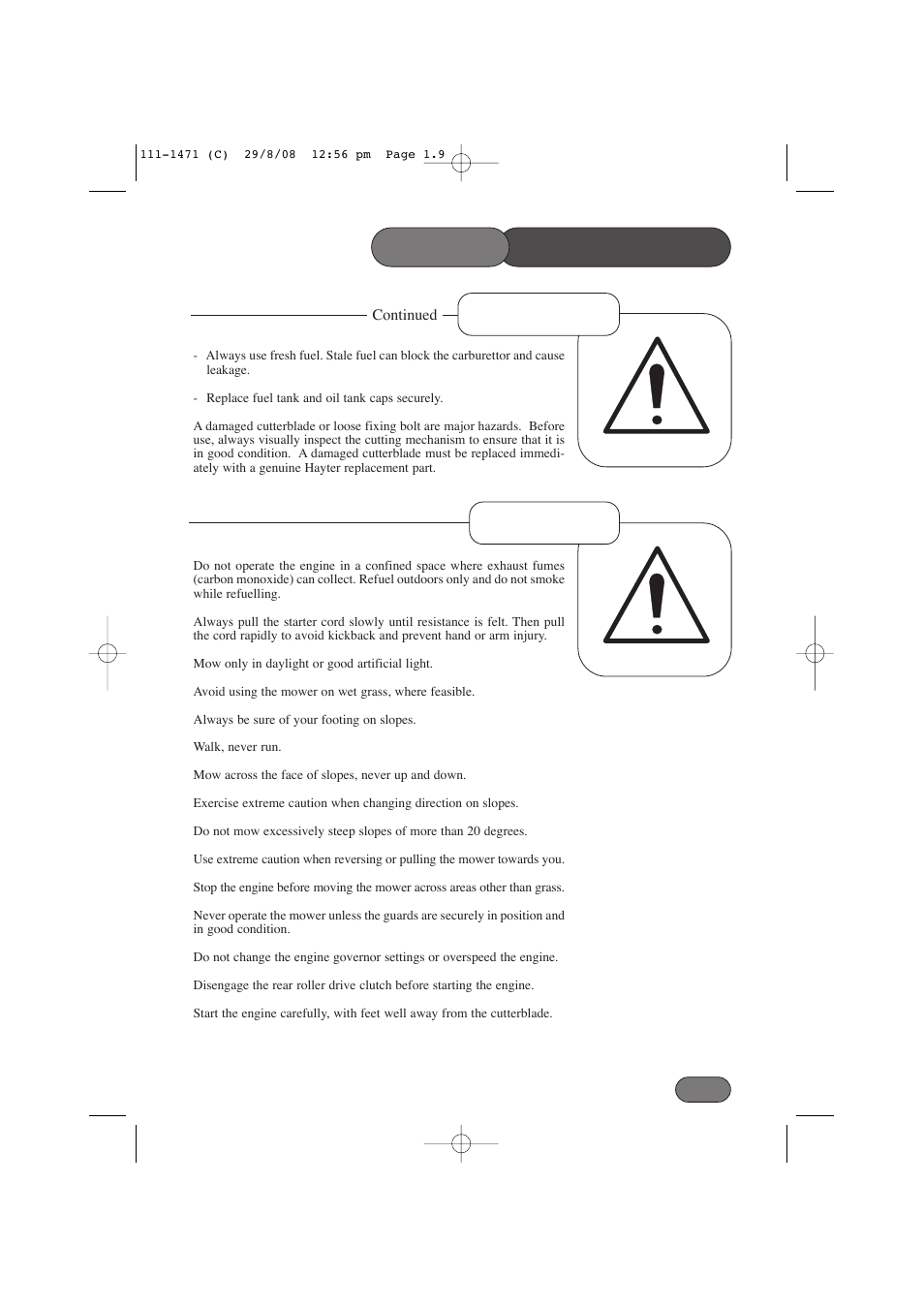 Precautions safety, Operation preparation | Hayter Mowers Harrier 56 561F User Manual | Page 9 / 44