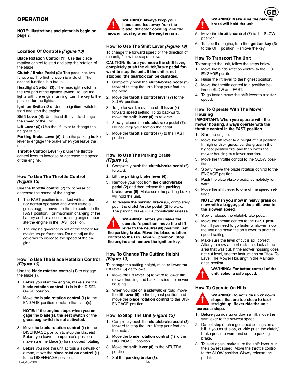 Operation | Hayter Mowers 131B User Manual | Page 14 / 40
