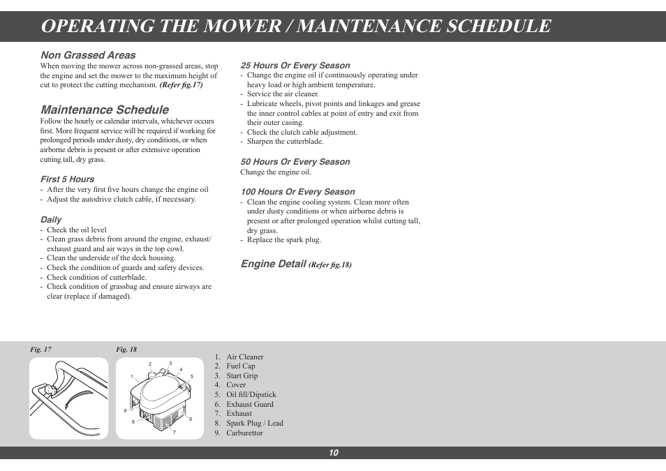 Operating the mower / maintenance schedule, Maintenance schedule, Non grassed areas | Engine detail | Hayter Mowers Motif 435G User Manual | Page 10 / 18