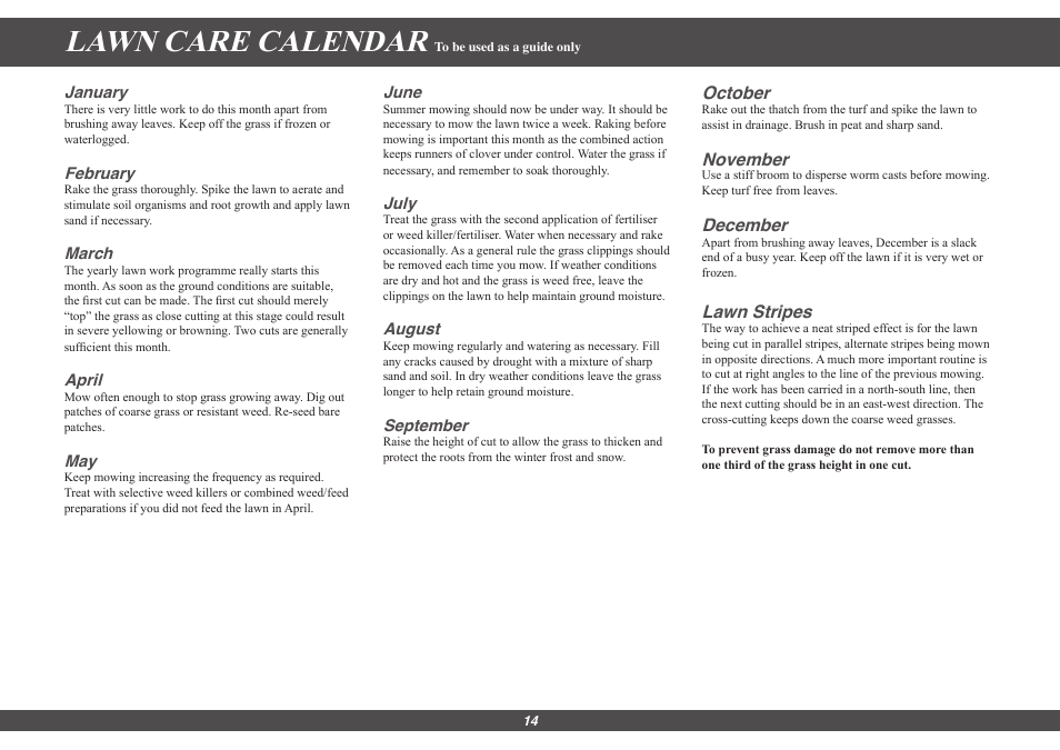 Lawn care calendar | Hayter Mowers Motif 435G User Manual | Page 14 / 18