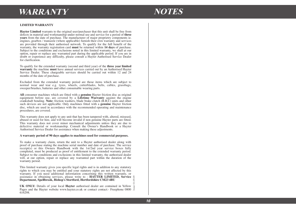 Warranty | Hayter Mowers Motif 435G User Manual | Page 16 / 18