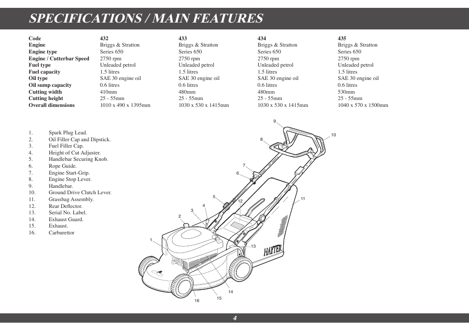 Specifications / main features | Hayter Mowers Motif 435G User Manual | Page 4 / 18