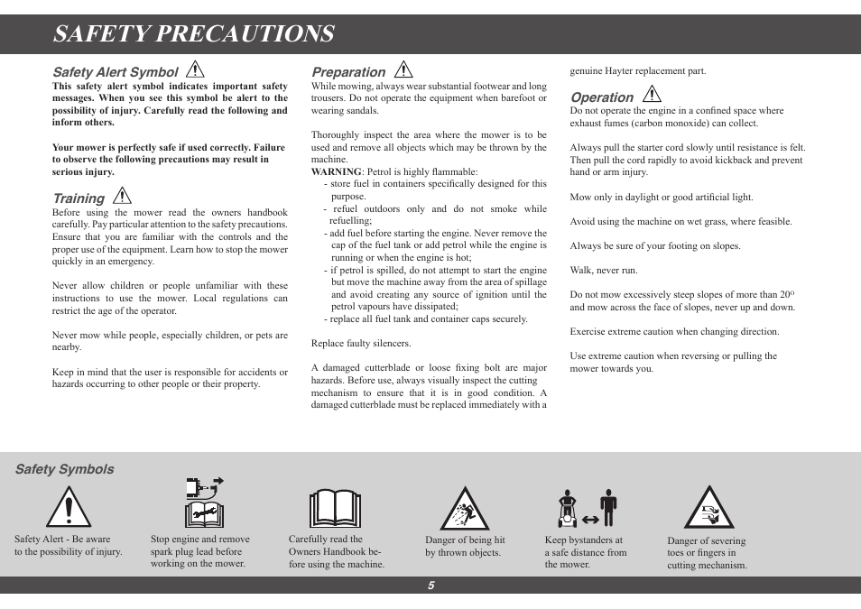 Safety precautions, Safety alert symbol, Training | Preparation, Operation, Safety symbols | Hayter Mowers Motif 435G User Manual | Page 5 / 18