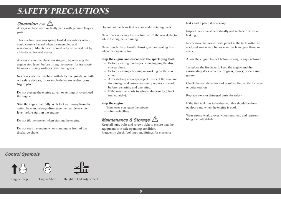 Safety precautions | Hayter Mowers Motif 435G User Manual | Page 6 / 18