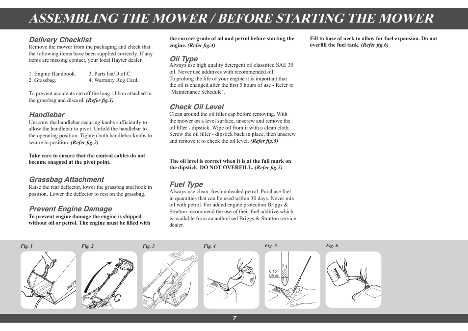 Assembling the mower / before starting the mower, Delivery checklist, Handlebar | Grassbag attachment, Prevent engine damage, Oil type, Check oil level, Fuel type | Hayter Mowers Motif 435G User Manual | Page 7 / 18