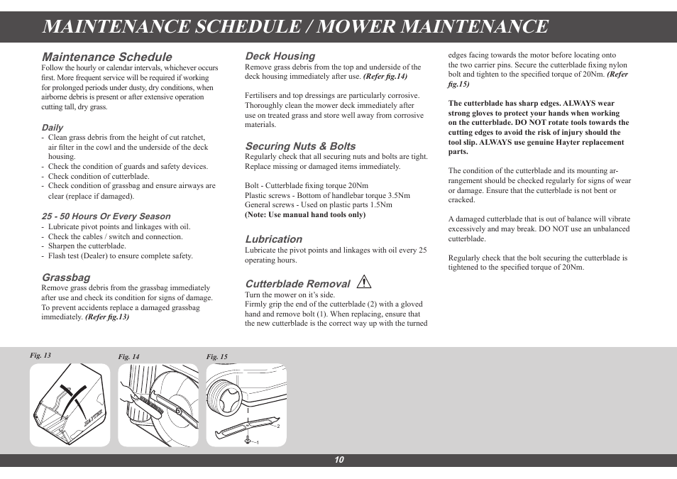 Maintenance schedule / mower maintenance, Maintenance schedule, Grassbag | Deck housing, Securing nuts & bolts, Lubrication, Cutterblade removal | Hayter Mowers Envoy 36 100E User Manual | Page 10 / 16