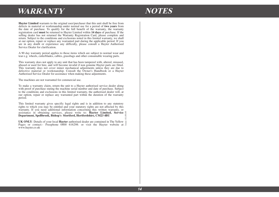 Warranty | Hayter Mowers Envoy 36 100E User Manual | Page 14 / 16