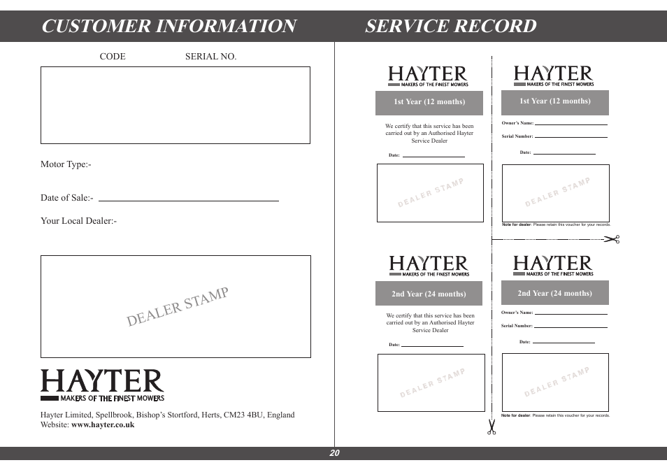 Customer information service record, Dealer st amp | Hayter Mowers Envoy 36 100E User Manual | Page 16 / 16