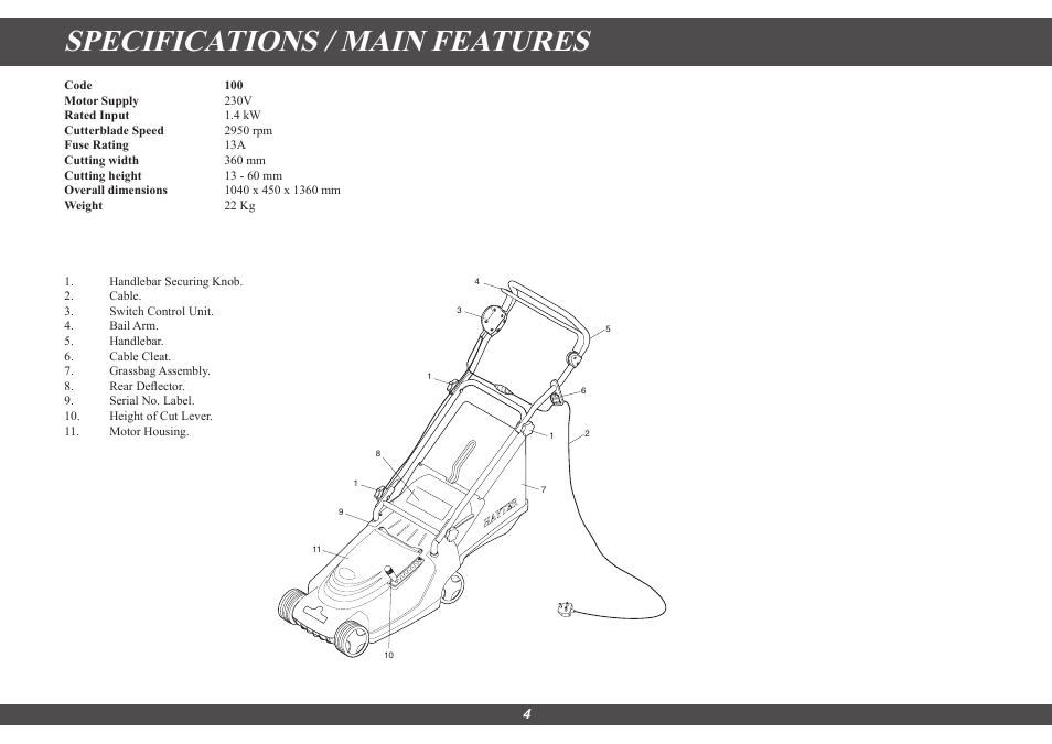 Specifications / main features | Hayter Mowers Envoy 36 100E User Manual | Page 4 / 16