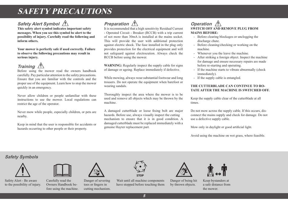 Safety precautions, Safety alert symbol, Training | Preparation, Operation, Safety symbols | Hayter Mowers Envoy 36 100E User Manual | Page 5 / 16