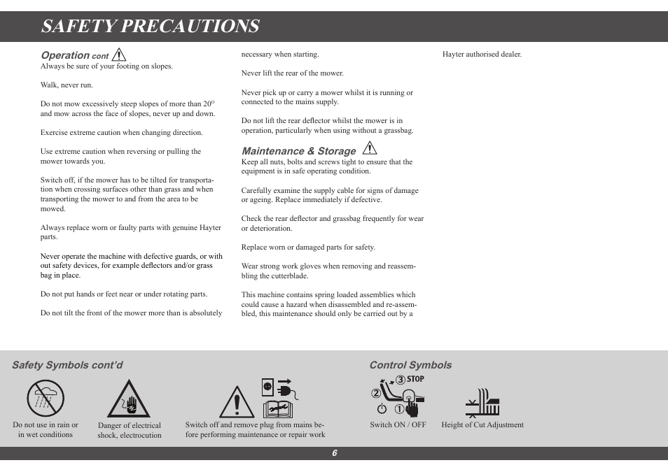 Safety precautions, Operation, Maintenance & storage | Safety symbols cont’d, Control symbols | Hayter Mowers Envoy 36 100E User Manual | Page 6 / 16