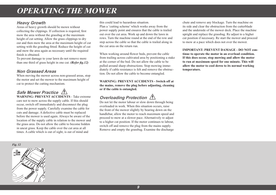 Operating the mower, Heavy growth, Non grassed areas | Safe mower practice, Overloading protection | Hayter Mowers Envoy 36 100E User Manual | Page 9 / 16