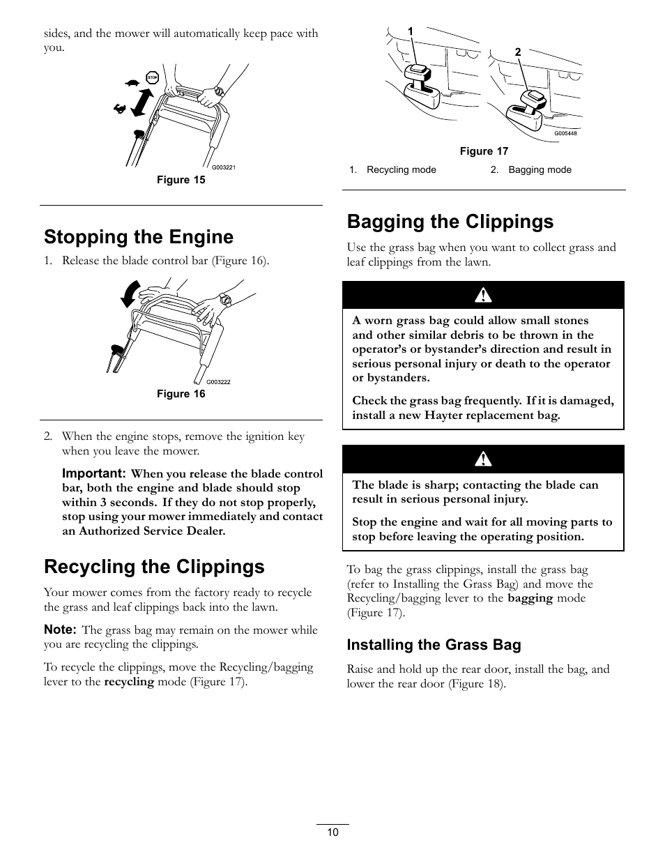 Stopping the engine, Recycling the clippings, Bagging the clippings | Hayter Mowers R48 Recycling Mower 447F User Manual | Page 10 / 24