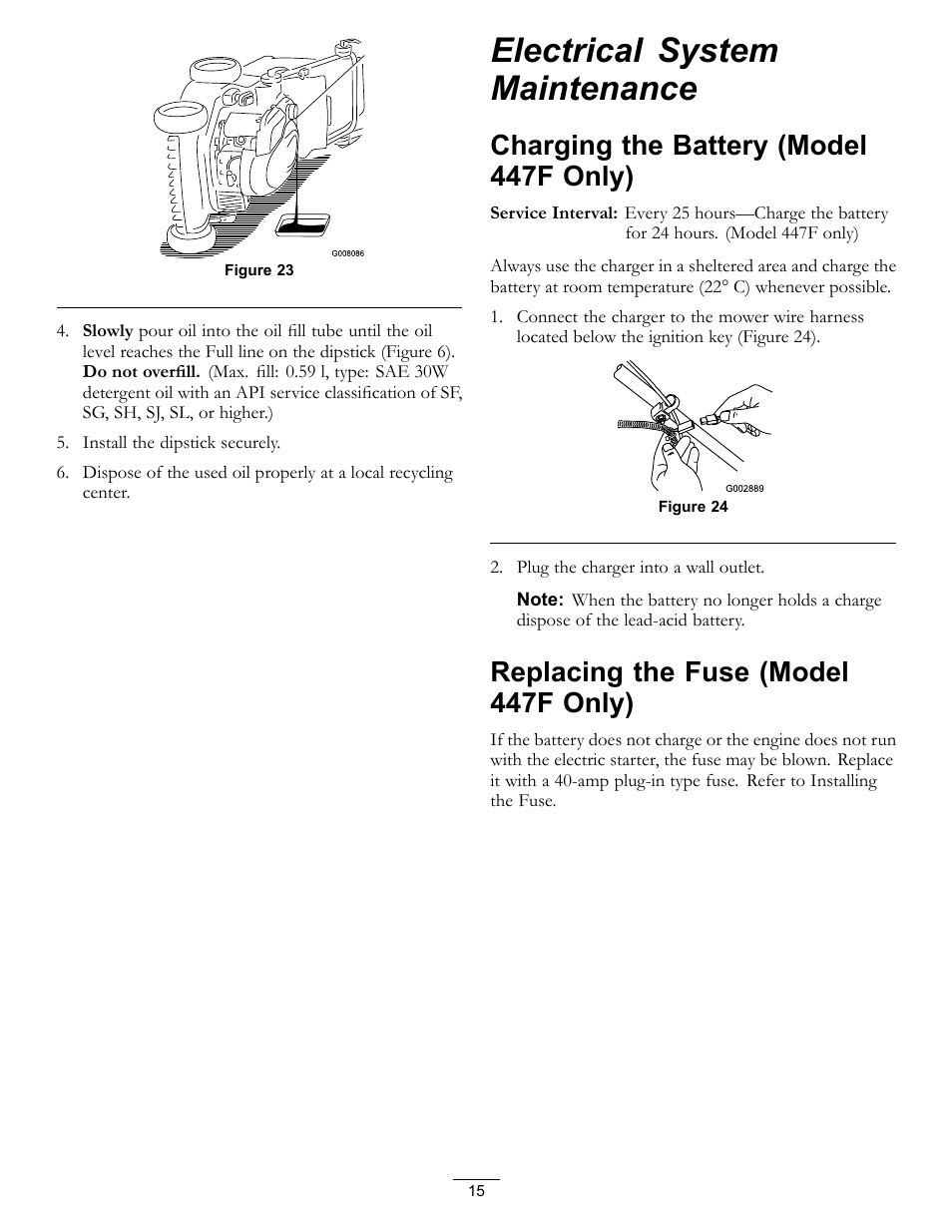 Electrical system maintenance, Figure 23, Charging the battery (model 447f only) | Replacing the fuse (model 447f only) | Hayter Mowers R48 Recycling Mower 447F User Manual | Page 15 / 24