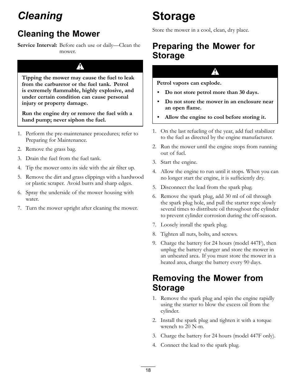 Cleaning, Cleaning the mower, Storage | Preparing the mower for storage, Removing the mower from storage | Hayter Mowers R48 Recycling Mower 447F User Manual | Page 18 / 24