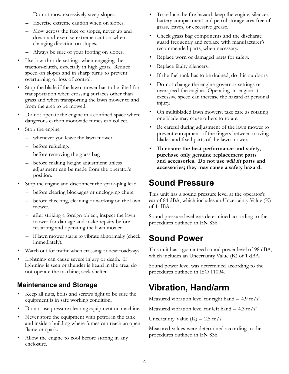 Sound pressure sound power vibration, hand/arm, Sound pressure, Sound power | Vibration, hand/arm | Hayter Mowers R48 Recycling Mower 447F User Manual | Page 4 / 24